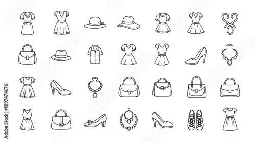 Fashionable Icons: Dresses, Hats, Shoes, and Bags - Hand-Drawn Style