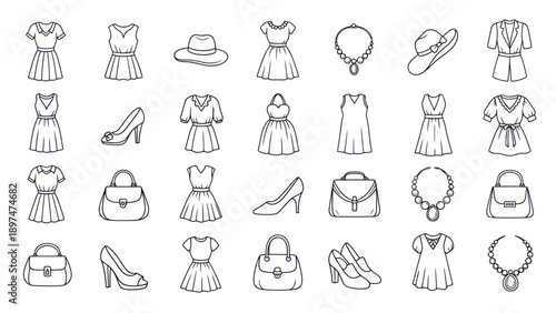Fashionable Women's Clothing and Accessories Icons: Dresses, Shoes, Hats, and Bags