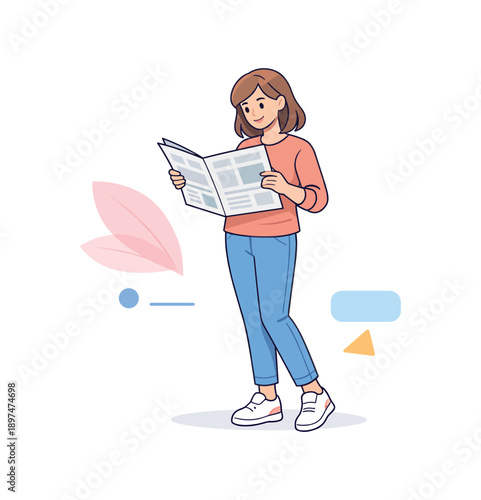 Woman reading a newspaper standing in casual outfit, flat vector illustration