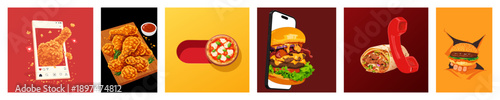 Creative visuals set explaining the most popular fast food varieties and quick ordering processes.