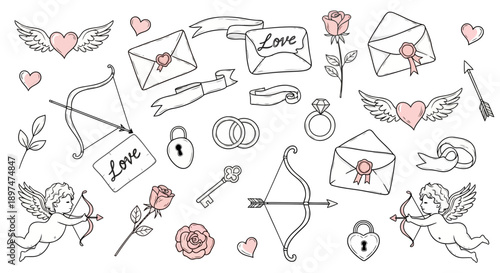 Valentine's Day icons with hearts, cherubs, and love symbols.