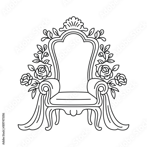 Ornate outline of a regal throne chair decorated with blooming roses and decorative elements