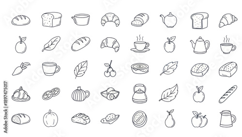 Hand Drawn Food Icons: Bread, Pastries, Fruits, Drinks & More - Simple Line Art Set