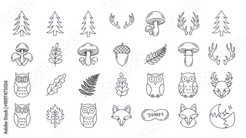 Hand Drawn Forest Icons: Trees, Owls, Mushrooms, Acorn, Fox, Deer Antlers