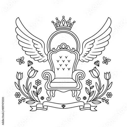 Ornate regal throne with angelic wings crown flowers butterflies and diamonds isolated on transparent background
