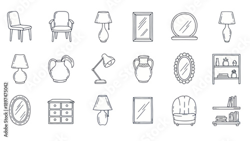Hand Drawn Furniture and Home Decor Icons Set - Vector Illustration