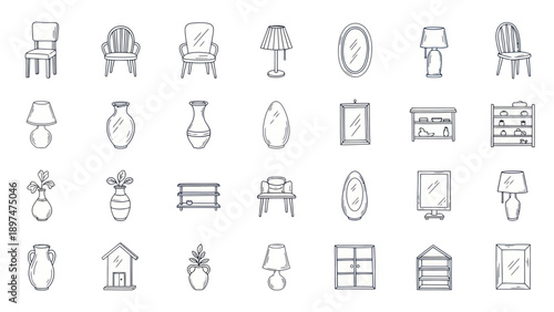 Hand Drawn Furniture and Home Decor Icons Set - Line Art Vector Illustration
