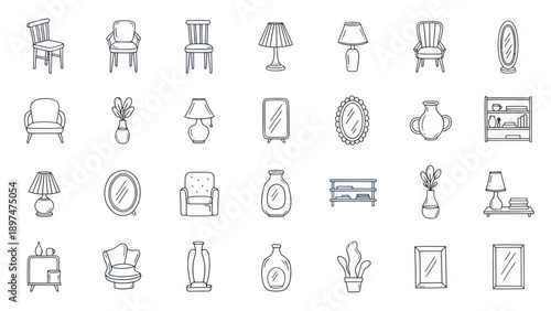 Hand Drawn Furniture and Home Decor Icons Set: Chairs, Lamps, Mirrors, Vases, Shelves
