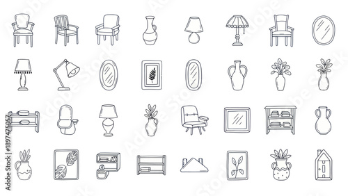 Hand Drawn Furniture and Home Decor Icons Set, Sketch Style
