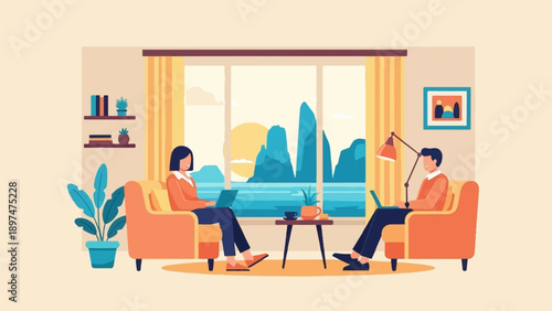 Two people work on laptops in a living room with a scenic view