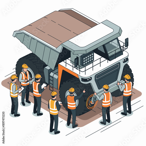 Workers in hard hats and vests inspecting a large mining dump truck, performing maintenance checks on heavy industrial machinery.