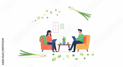 Two people work on laptops in a living room with spring onions scattered around