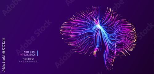 Flower brain technology background. Colorful line style. Futuristic artificial intelligence mind design. Connect idea concept. Machine learning vector illustration.	