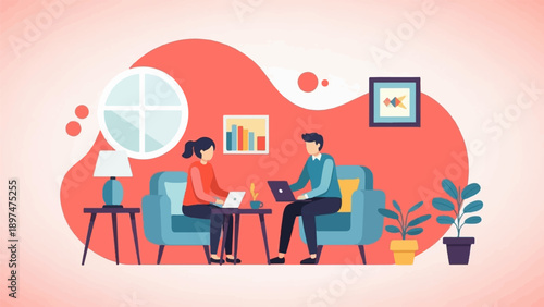 Two people work on laptops in a living room with plants and decor