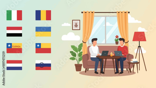 Two people work on laptops in a living room with national flags on the wall