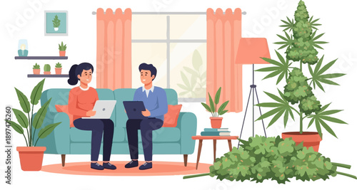 Two people work on laptops in a living room with plants and a large cannabis plant