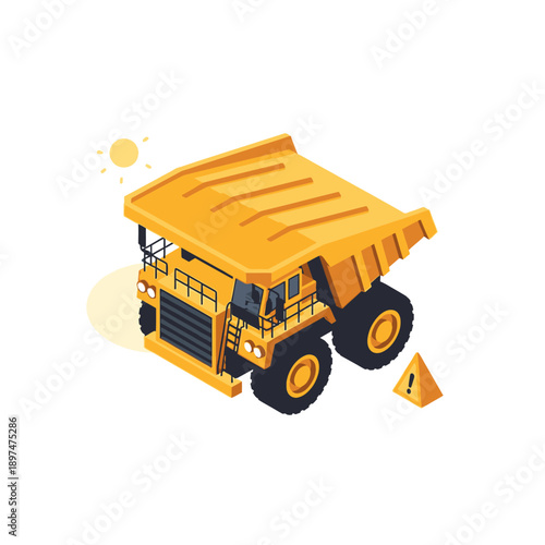 Isometric illustration of a large yellow mining dump truck with a warning sign and sun icon.