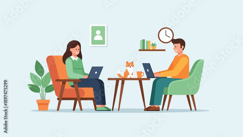 Two people work on laptops in a room with a cat, plant, and clock