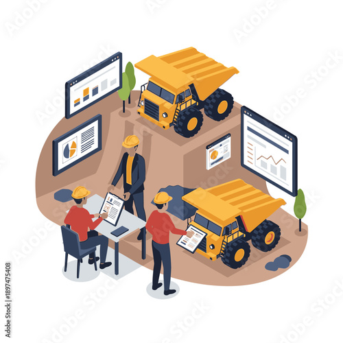 Isometric illustration of mining engineers analyzing data and managing operations with heavy dump trucks on a digital platform.
