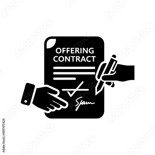 Professional black and white vector illustration of a business offering contract being signed with a handshake, pen, and signature - ideal for corporate, legal, and business agreements