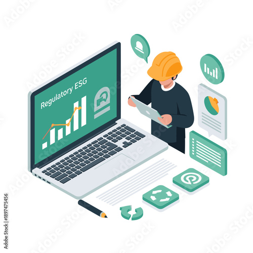 Isometric illustration of a person in a hard hat analyzing ESG regulatory data on a laptop.