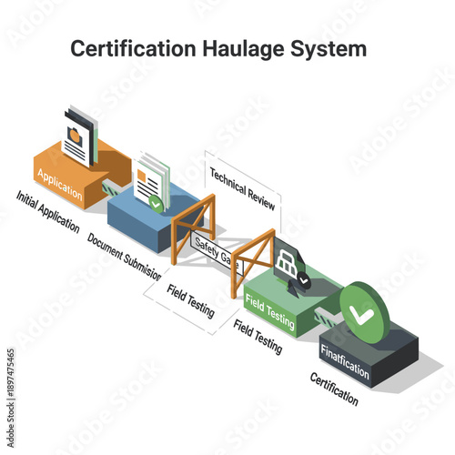 An isometric illustration showing the step-by-step process of a certification haulage system, from initial application to final certification.