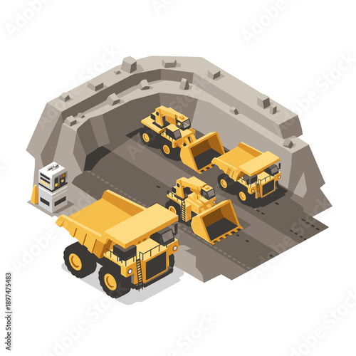 Isometric view of an open-pit mine with heavy yellow machinery and dump trucks.