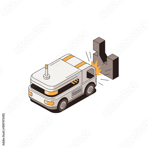 Isometric illustration of an autonomous delivery vehicle crashing into a solid grey obstacle, depicting a collision.