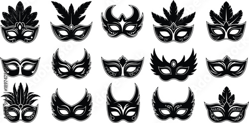 Collection of 15 unique black masquerade masks on white background for party and costume use