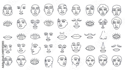 Diverse Line Art Faces and Eyes Collection: Abstract Human Expression Montage