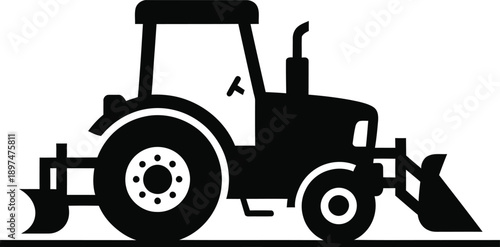 Black silhouette of a tractor with a plow attachment on a white background agricultural machinery