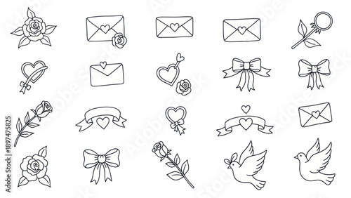 Doodle Love Symbols: Roses, Hearts, Envelopes, Ribbons & Doves - Hand Drawn Icons