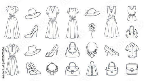 Elegant Fashion Accessories and Dresses - Hand-Drawn Line Art Collection