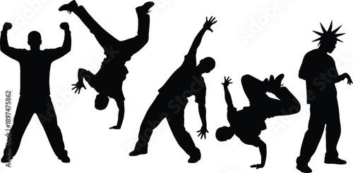Silhouettes of six people dancing and performing breakdancing moves on white background with dynamic poses