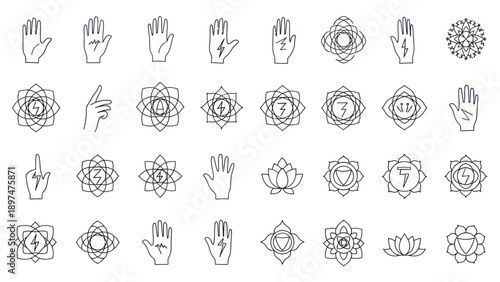 Esoteric Symbols: Chakras, Hands, Lotus Flowers, Geometric Designs - Line Art Icons