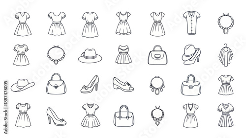 Fashion Flat Icons: Dresses, Shoes, Hats, Bags & Jewelry - Elegant Line Art Collection
