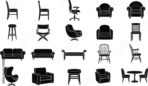 Collection of various black furniture icons including chairs sofas and tables on white background for design and decoration