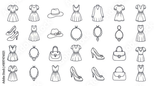 Fashion Iconography: Dresses, Shoes, Hats, Bags, Necklaces - Vector Icons