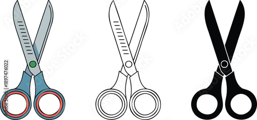Scissors silhouette & Outline and illustration set isolated on transparent background