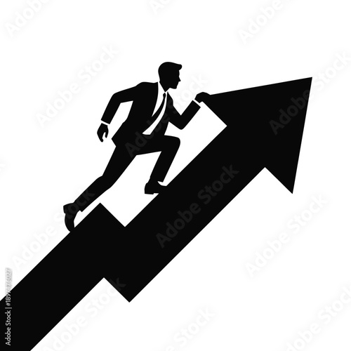 A man in a suit running up a large black arrow pointing upwards. isolated on white background, Vector, illustration