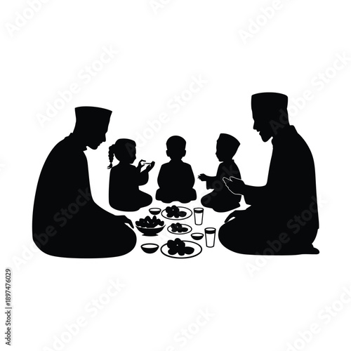 A family enjoying a meal together at a table with various dishes and drinks. isolated on white background, Vector, illustration