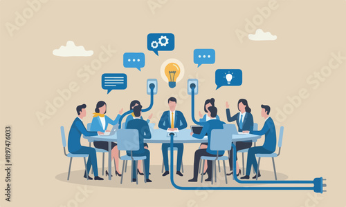 Communicate solve, discussion or meeting to get new idea, collaboration or cooperate to success, connect idea for solution concept, businessman connect plug between conversation dialogue