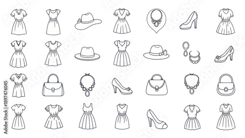 Fashion Icons Collection: Dresses, Hats, Shoes, Bags, Necklaces - Line Art