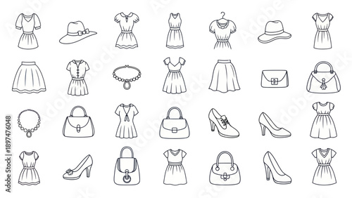 Fashion Icons Collection: Dresses, Hats, Bags, Skirts & Shoes - Hand Drawn Style