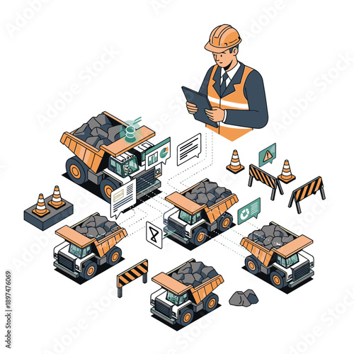 Isometric illustration of a supervisor monitoring a fleet of dump trucks in a mining or construction operation using data and technology.