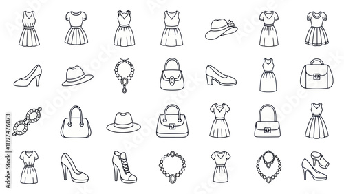 Fashion Icons: Dresses, Hats, Shoes, Bags & Jewelry - Hand Drawn Vector Set