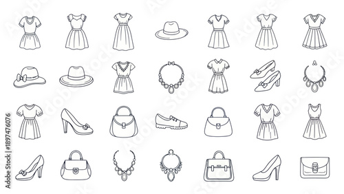 Fashion Icons: Dresses, Hats, Shoes, Bags, and Jewelry - Line Art Collection