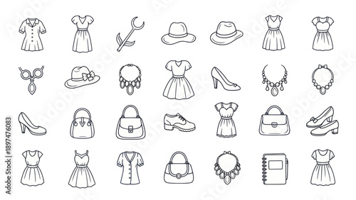 Fashion Icons: Dresses, Hats, Shoes, Bags, Jewelry, and Accessories Line Art Collection