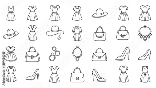Fashion Icons: Dresses, Hats, Shoes, Bags, Necklaces & Accessories - Line Art Collection