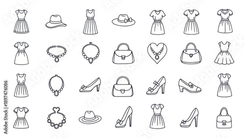 Fashion Icons: Dresses, Hats, Shoes, Bags, Necklaces - Line Art Collection